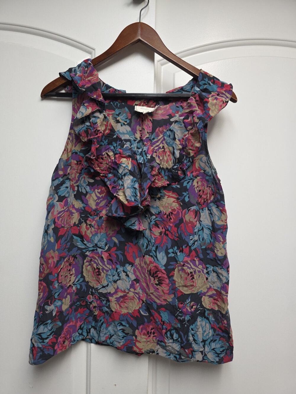 Moulinette Soeurs Anthropologie Top Womens size 10 Floral Silk Sleeveless Ruffle